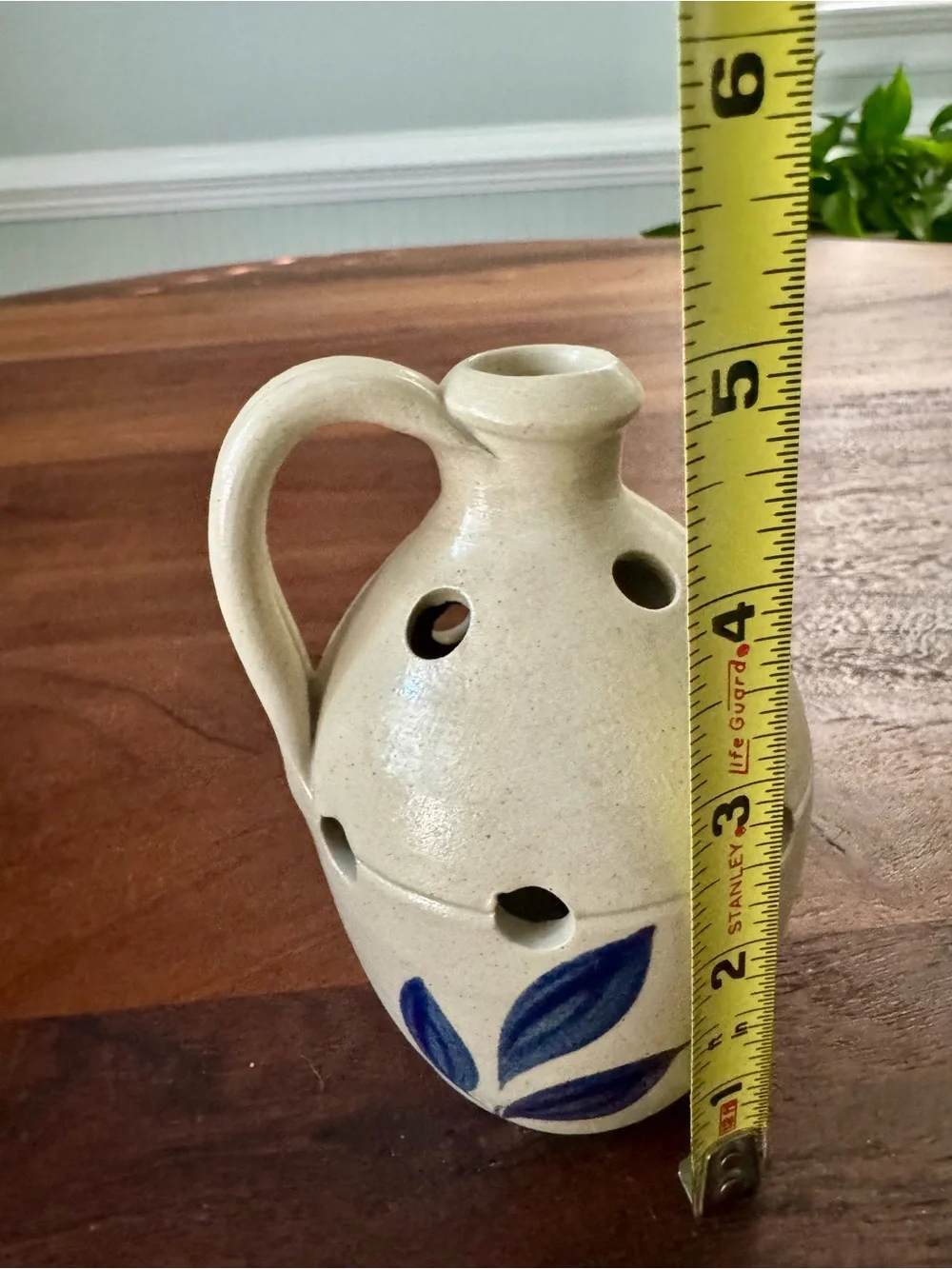 Vintage Williamsburg Pottery Blue/Gray Salt Glaze Flower Frog Vase w/ 9 holes